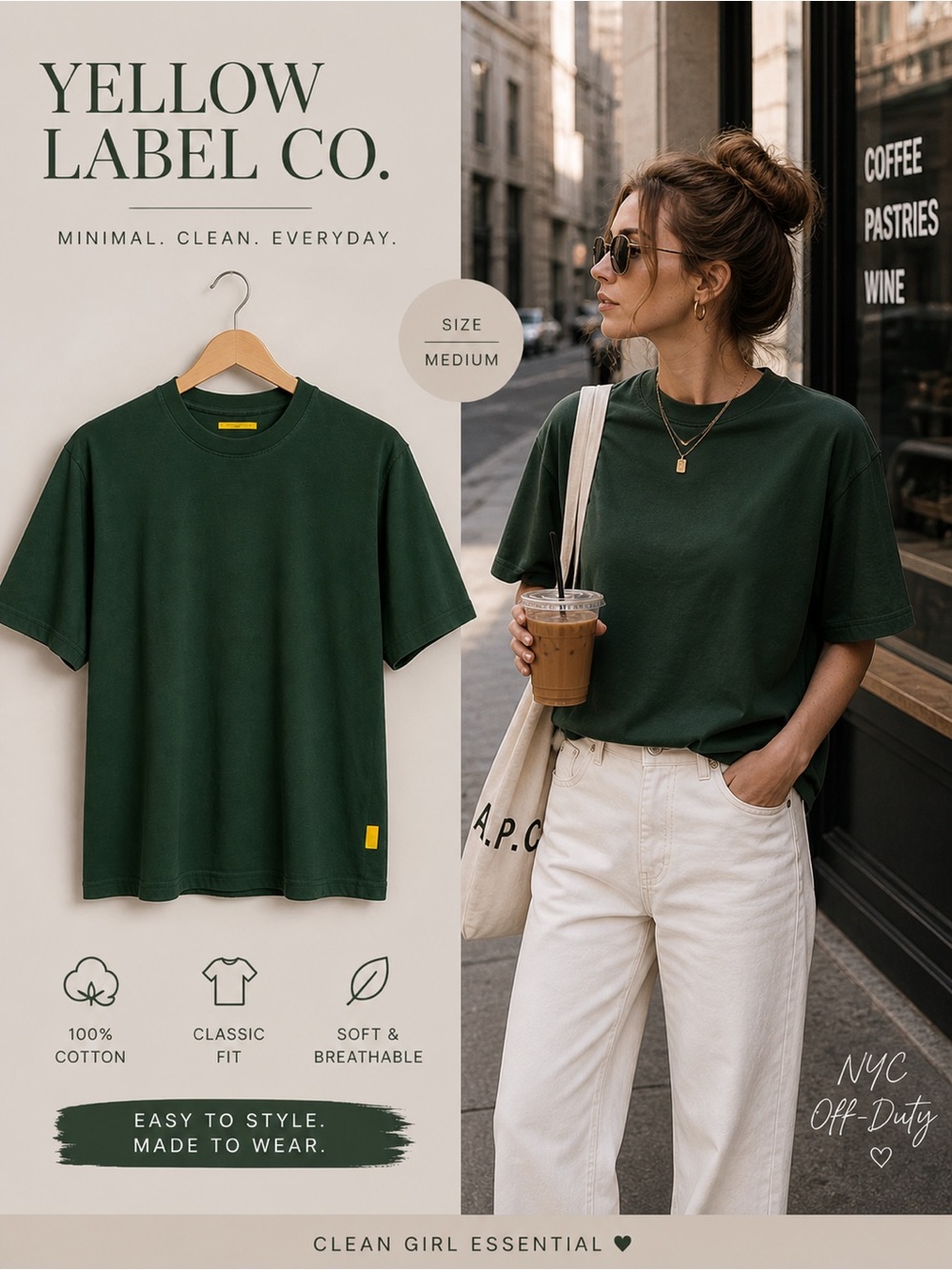 🖤 Yellow Label Co. Green Minimalist Tee – Size Medium Streetwear Basic